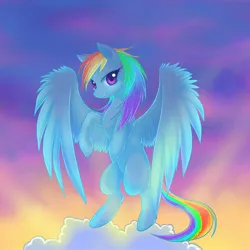 Size: 2222x2222 | Tagged: dead source, safe, artist:jacky-bunny, derpibooru import, rainbow dash, pegasus, pony, female, flying, high res, mare, sky, smiling, smirk, solo