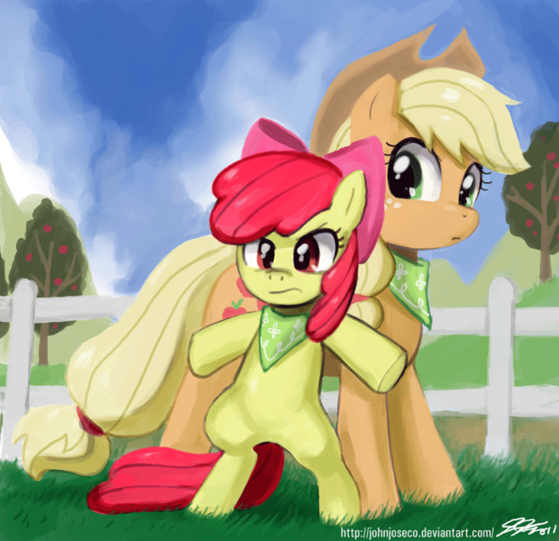 Size: 900x871 | Tagged: safe, artist:johnjoseco, derpibooru import, apple bloom, applejack, earth pony, pony, sisterhooves social, adobe imageready, apple sisters, applejack's hat, bandana, bipedal, clothes, cowboy hat, duo, duo female, female, fence, filly, foal, hat, mare, protecting, scarf, siblings, sisters, stetson