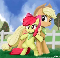 Size: 900x871 | Tagged: safe, artist:johnjoseco, derpibooru import, apple bloom, applejack, earth pony, pony, sisterhooves social, adobe imageready, apple sisters, applejack's hat, bandana, bipedal, clothes, cowboy hat, duo, duo female, female, fence, filly, foal, hat, mare, protecting, scarf, siblings, sisters, stetson