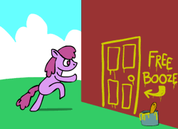 Size: 550x400 | Tagged: safe, artist:catfood-mcfly, derpibooru import, berry punch, berryshine, earth pony, pony, animated, bipedal, door, drunk, dumb running ponies, female, gif, mare, solo