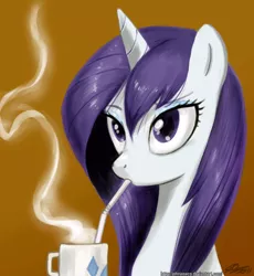 Size: 800x871 | Tagged: safe, artist:johnjoseco, derpibooru import, rarity, pony, unicorn, adobe imageready, coffee, female, hot chocolate, loose hair, mare, solo, straw, wet, wet mane, wet mane rarity, wrong eye color