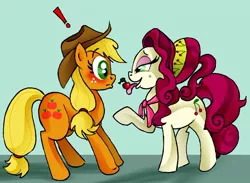 Size: 748x547 | Tagged: safe, artist:susiebeeca, derpibooru import, applejack, cherry jubilee, earth pony, pony, blushing, cherry, cherryjack, exclamation point, female, food, lesbian, mare, raised hoof, shipping, tongue out, wide eyes