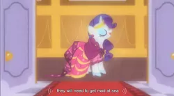 Size: 853x470 | Tagged: safe, derpibooru import, screencap, rarity, pony, unicorn, the best night ever, clothes, dress, eyes closed, female, gala dress, glass slipper (footwear), high heels, mare, shoes, solo, youtube caption