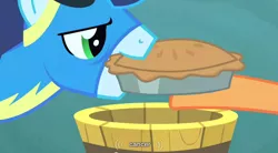 Size: 852x471 | Tagged: safe, derpibooru import, screencap, applejack, soarin', earth pony, pegasus, pony, the best night ever, cancer, clothes, duo, female, food, goggles, male, mare, mouth hold, pie, stallion, uniform, wonderbolts, wonderbolts uniform, youtube caption