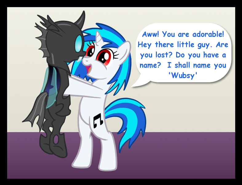 Size: 849x647 | Tagged: safe, artist:scramjet747, derpibooru import, vinyl scratch, oc, oc:wubsy, changeling, pony, unicorn, bipedal, dialogue, duo, eye contact, female, holding a changeling, looking at each other, mare