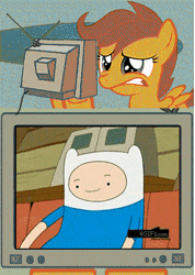 Size: 306x430 | Tagged: suggestive, derpibooru import, scootaloo, pegasus, pony, 4gifs, 4gifs.com, adventure time, animated, cartoon network, exploitable meme, female, filly, finn the human, gif, jake the dog, meme, out of context, tv meme
