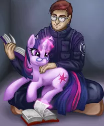 Size: 1866x2250 | Tagged: safe, artist:buttercupsaiyan, deleted from derpibooru, derpibooru import, twilight sparkle, human, pony, unicorn, book, crossover, daniel jackson, duo, female, glasses, holding a pony, human male, magic, male, mare, prone, reading, sitting, stargate, stargate equestria, stargate sg1