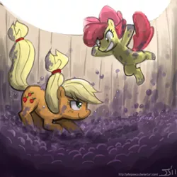 Size: 800x800 | Tagged: safe, artist:johnjoseco, derpibooru import, apple bloom, applejack, earth pony, pony, adobe imageready, apple sisters, duo, duo female, female, filly, foal, grape stomping, grapes, hatless, jumping, mare, messy, missing accessory, siblings, sisters