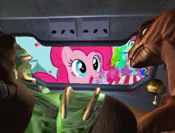 Size: 600x455 | Tagged: safe, derpibooru import, edit, edited screencap, screencap, pinkie pie, earth pony, pony, the ticket master, beast wars, dinobot, female, mare, open mouth, rhinox, smiling, transformers