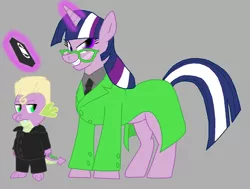 Size: 900x681 | Tagged: safe, artist:unoservix, derpibooru import, spike, twilight sparkle, dragon, pony, unicorn, clothes, duo, female, glasses, grin, male, mare, mystery science theater 3000, simple background, smiling, vhs