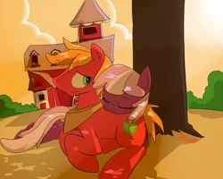 Size: 1280x1024 | Tagged: safe, artist:swomswom, derpibooru import, big macintosh, cheerilee, earth pony, pony, barn, cheerimac, dappled sunlight, female, male, mare, pony pillow, prone, resting, shipping, sleeping, stallion, straight, tree