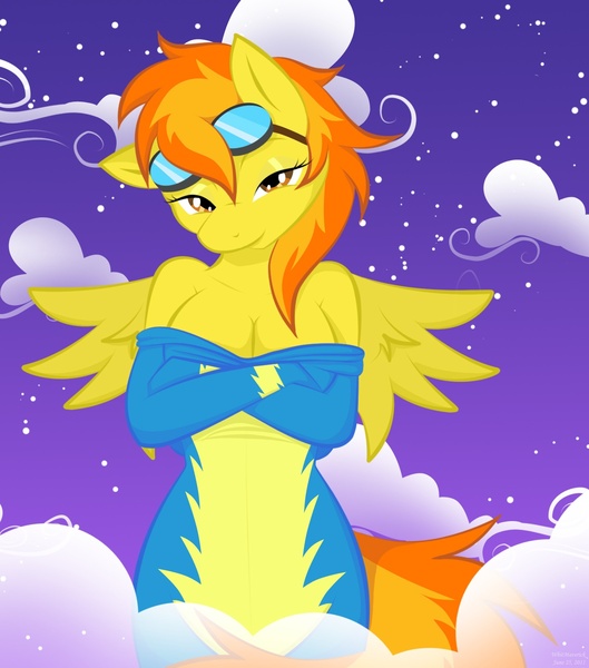 Size: 1269x1438 | Tagged: anthro, artist:whitmaverick, bedroom eyes, breasts, busty spitfire, cleavage, clothes, derpibooru import, female, goggles, night, skinsuit, solo, solo female, spitfire, suggestive, undressing, uniform, wonderbolts, wonderbolts uniform