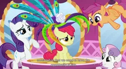 Size: 854x471 | Tagged: safe, derpibooru import, edit, edited screencap, screencap, apple bloom, rarity, scootaloo, sweetie belle, earth pony, pegasus, pony, unicorn, caption, carousel boutique, cutie mark crusaders, female, filly, hat, mare, youtube caption