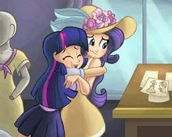 Size: 1500x1200 | Tagged: artist:ric-m, birthday dress, clothes, derpibooru import, dress, duo, duo female, female, happy, hat, hug, human, humanized, mannequin, open mouth, rarity, safe, scene interpretation, skirt, sweet and elite, twilight sparkle