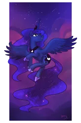 Size: 2499x3783 | Tagged: dead source, safe, artist:lemondevil, derpibooru import, princess luna, alicorn, pony, ethereal mane, female, flying, high res, mare, night, shooting star, sky, solo, stars