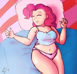Size: 649x621 | Tagged: adorasexy, artist:samoyena, artist:sugar-plum, bed, belly button, breasts, chubbie pie, chubby, cleavage, clothes, cute, derpibooru import, female, frilly underwear, human, humanized, on back, panties, pinkie pie, pink underwear, ribbon, sexy, sleeping, smiling, solo, solo female, suggestive, tanktop, underwear