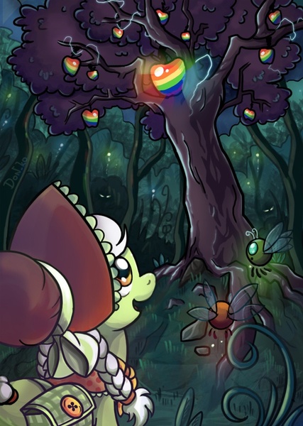 Size: 640x900 | Tagged: safe, artist:don-ko, derpibooru import, granny smith, earth pony, parasprite, pony, family appreciation day, adorasmith, apple, cute, everfree forest, eyes in the dark, female, filly, mare, photoshop, shiny, solo, tree, young granny smith, younger, zap apple, zap apple tree