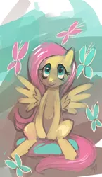 Size: 740x1280 | Tagged: dead source, safe, artist:purplekcleon, artist:purplekecleon, derpibooru import, fluttershy, butterfly, pegasus, pony, abstract background, female, mare, smiling, solo