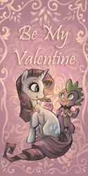 Size: 708x1417 | Tagged: safe, artist:sharpie91, derpibooru import, rarity, spike, dragon, pony, unicorn, abstract background, bowtie, female, fire ruby, gem, interspecies, looking at each other, male, mare, ruby, shipping, smiling, sparity, straight, valentine, valentine's day
