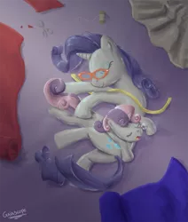 Size: 893x1052 | Tagged: safe, artist:gaiascope, derpibooru import, rarity, sweetie belle, pony, unicorn, duo, duo female, fabric, female, filly, glasses, mare, measuring tape, overhead view, pony pillow, side, sleeping, snot bubble