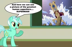 Size: 887x588 | Tagged: safe, derpibooru import, lyra heartstrings, human, pony, unicorn, chalkboard, female, franky, human studies101 with lyra, mare, meme, one piece, superman