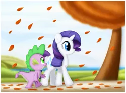 Size: 1175x870 | Tagged: safe, artist:ctb-36, derpibooru import, rarity, spike, dragon, pony, unicorn, autumn, female, leaves, male, mare, shipping, sparity, straight, walking