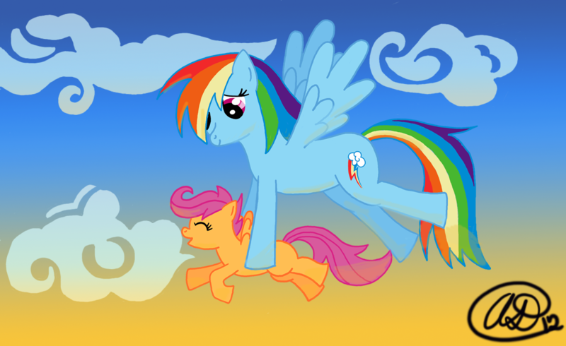 Size: 1116x684 | Tagged: safe, artist:angelofllamas, derpibooru import, rainbow dash, scootaloo, pegasus, pony, duo, duo female, female, filly, flying, flying lesson, happy, mare, scootaloo can't fly, scootalove