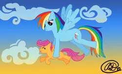 Size: 1116x684 | Tagged: safe, artist:angelofllamas, derpibooru import, rainbow dash, scootaloo, pegasus, pony, duo, duo female, female, filly, flying, flying lesson, happy, mare, scootaloo can't fly, scootalove