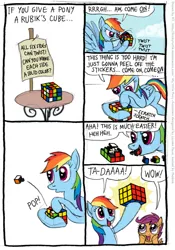 Size: 555x791 | Tagged: safe, artist:kturtle, derpibooru import, rainbow dash, scootaloo, pegasus, pony, cheating, comic, duo, duo female, female, filly, mare, rubik's cube