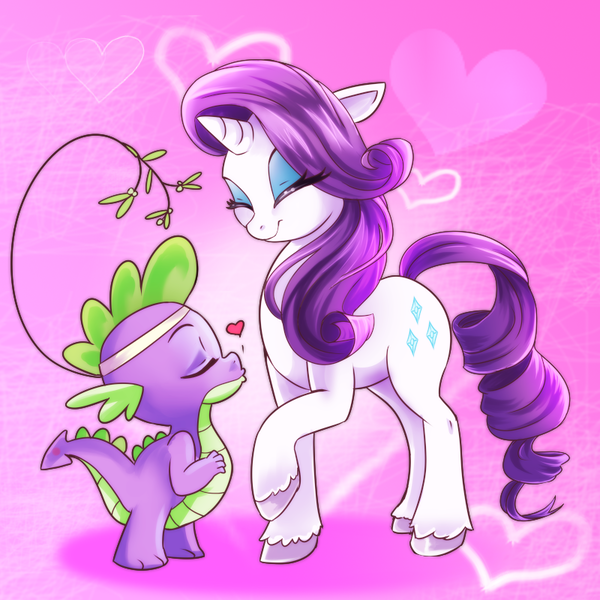 Size: 800x800 | Tagged: safe, artist:hylianguardians, derpibooru import, rarity, spike, dragon, pony, unicorn, abstract background, eyes closed, female, heart, interspecies, male, mare, mistletoe, shipping, sparity, straight