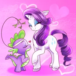 Size: 800x800 | Tagged: safe, artist:hylianguardians, derpibooru import, rarity, spike, dragon, pony, unicorn, abstract background, eyes closed, female, heart, interspecies, male, mare, mistletoe, shipping, sparity, straight