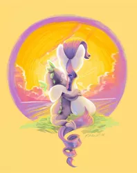 Size: 634x800 | Tagged: safe, artist:kabukihomewood, derpibooru import, rarity, spike, dragon, pony, unicorn, backlighting, female, hug, interspecies, male, mare, rear view, shipping, sitting, sparity, straight, sunset