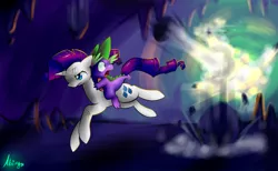 Size: 1700x1044 | Tagged: safe, artist:atrixy, derpibooru import, rarity, spike, dragon, pony, unicorn, cave, dragons riding ponies, duo, female, male, mare, riding, running