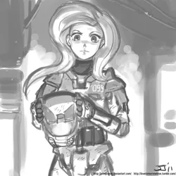 Size: 1000x1000 | Tagged: adobe imageready, armor, artist:johnjoseco, beautiful, crossover, derpibooru import, female, flutterbadass, fluttershy, grayscale, halo (series), human, humanized, monochrome, power armor, safe, solo, spartan, the stare