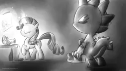 Size: 1366x768 | Tagged: safe, artist:fongsaunder, derpibooru import, rarity, spike, dragon, pony, unicorn, eyes closed, female, heart, love letter, magic, male, mare, monochrome, sewing, sewing machine, shipping, sparity, straight, valentine