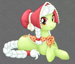 Size: 700x600 | Tagged: safe, artist:clemikou, derpibooru import, granny smith, earth pony, pony, adobe imageready, adorasmith, bonnet, clothes, cute, female, mare, prone, solo, young granny smith