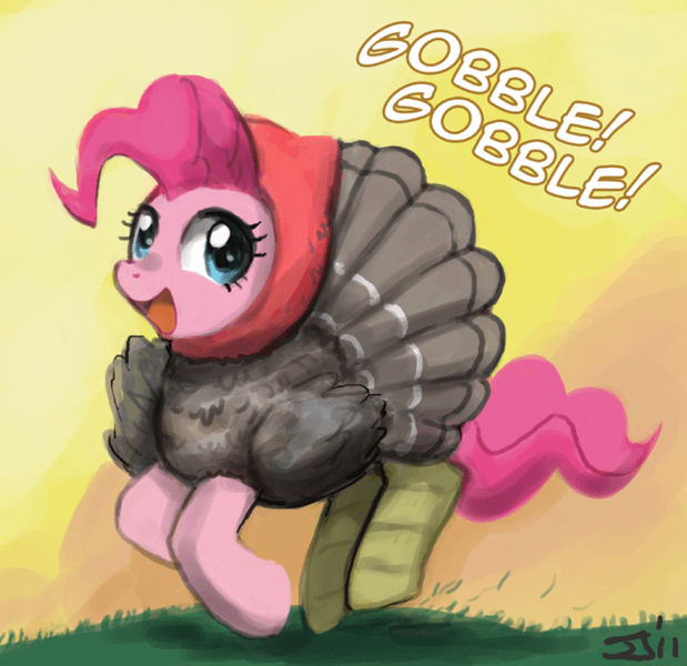 Size: 700x679 | Tagged: safe, artist:johnjoseco, derpibooru import, pinkie pie, earth pony, pony, turkey, adobe imageready, clothes, costume, female, happy, mare, solo, turkey costume