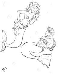 Size: 500x647 | Tagged: applejack, artist:sugar-plum, belly button, breasts, busty applejack, cleavage, derpibooru import, duo, duo female, female, humanized, mermaid, mermaidized, monochrome, nudity, rarity, safe, seashell