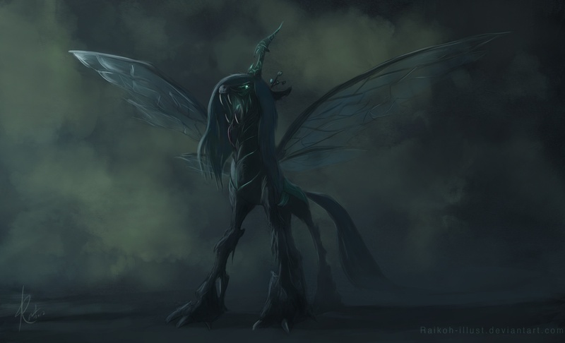 Size: 1601x973 | Tagged: safe, artist:raikoh, derpibooru import, queen chrysalis, changeling, changeling queen, claws, creepy, detailed, deviantart link, fangs, female, glowing eyes, image, jpeg, long tongue, open mouth, realistic, signature, snarling, solo, standing, tongue out