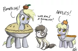 Size: 900x598 | Tagged: safe, artist:johnjoseco, derpibooru import, derpy hooves, dinky hooves, pipsqueak, earth pony, pegasus, pony, unicorn, adobe imageready, apple, burrito, clothes, colt, costume, female, filly, male, mare, pie, pumpkin, simple background, trio, white background