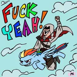 Size: 945x945 | Tagged: safe, artist:megasweet, derpibooru import, rainbow dash, human, pegasus, pony, assassin's creed, crossover, ezio auditore, female, flying, human male, humans riding ponies, male, mare, riding, sky, vulgar