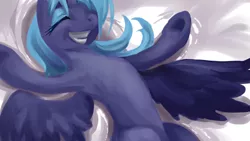 Size: 1024x576 | Tagged: dead source, safe, artist:buttercupsaiyan, deleted from derpibooru, derpibooru import, princess luna, alicorn, pony, eyes closed, female, happy, mare, on back, s1 luna, smiling, snow, snow angel, solo, underhoof