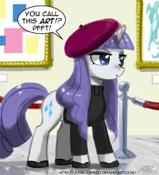 Size: 900x990 | Tagged: safe, artist:johnjoseco, derpibooru import, rarity, pony, unicorn, adobe imageready, alternate hairstyle, art, art gallery, beatnik rarity, beret, clothes, female, gallery, hat, mare, modern art, pfft, solo, sweater