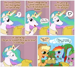 Size: 850x770 | Tagged: safe, artist:fadri, derpibooru import, applejack, princess celestia, rainbow dash, spike, alicorn, dragon, earth pony, pegasus, pony, comic:and that's how equestria was made, the super speedy cider squeezy 6000, applelestia, at the gala, cider, comic, derp, drunk, drunk aj, drunker dash, drunker spike, female, lesbian, male, mare, princess, shipping, sweat, sweatdrop