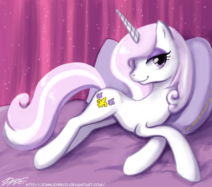 Size: 1000x885 | Tagged: safe, artist:johnjoseco, derpibooru import, fleur-de-lis, pony, unicorn, adobe imageready, bed, female, image, looking at you, mare, pillow, png, side, skunk stripe, solo