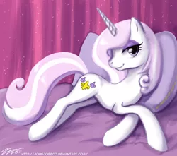 Size: 1000x885 | Tagged: safe, artist:johnjoseco, derpibooru import, fleur-de-lis, pony, unicorn, adobe imageready, bed, female, looking at you, mare, pillow, side, skunk stripe, solo