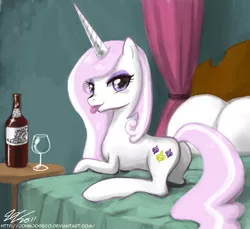 Size: 900x825 | Tagged: safe, artist:johnjoseco, derpibooru import, fleur-de-lis, pony, unicorn, adobe imageready, anatomically incorrect, bed, female, incorrect leg anatomy, looking at you, looking back, mare, skunk stripe, solo, tongue out, wine