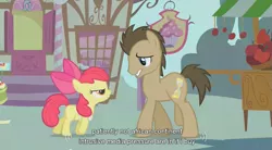 Size: 853x472 | Tagged: safe, derpibooru import, edit, edited screencap, screencap, apple bloom, doctor whooves, time turner, earth pony, pony, call of the cutie, apron, caption, clothes, duo, female, filly, male, stallion, youtube caption