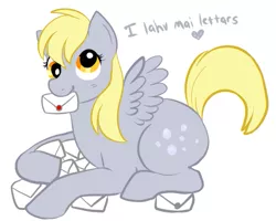 Size: 555x444 | Tagged: safe, artist:lulubell, derpibooru import, derpy hooves, pegasus, pony, dialogue, female, heart, letter, mail, mare, mouth hold, prone, simple background, smiling, solo, white background