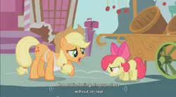 Size: 854x472 | Tagged: safe, derpibooru import, edit, edited screencap, screencap, apple bloom, applejack, earth pony, pony, call of the cutie, apron, caption, clothes, duo, duo female, female, filly, floppy ears, frown, mare, raised hoof, sad, solo, youtube caption